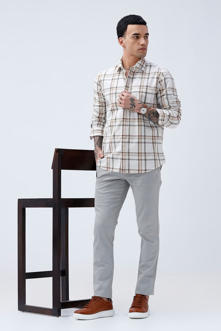 BASICS SLIM FIT WARM ECRU COTTON PLAIN CHECKS SHIRT