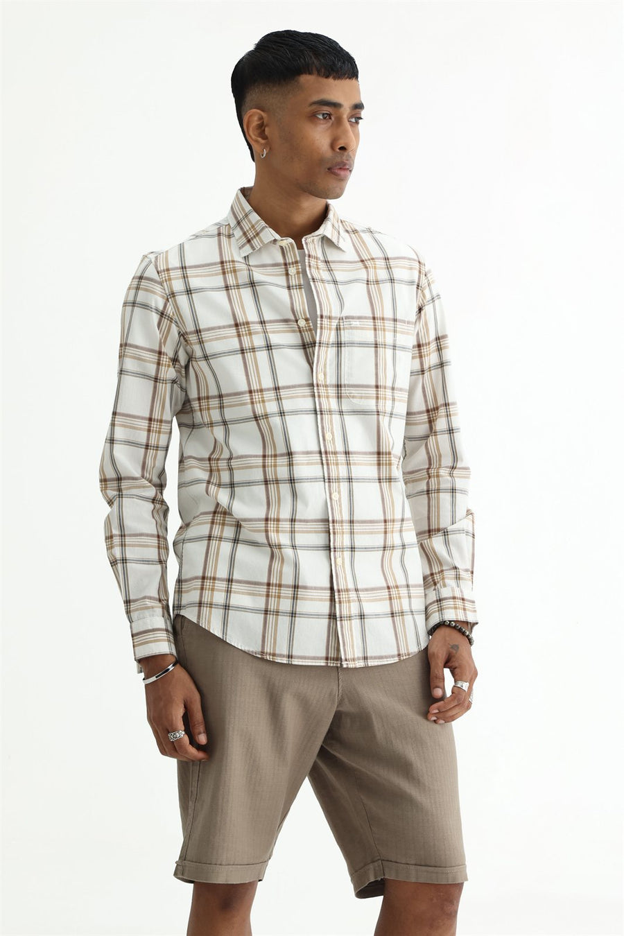 BASICS SLIM FIT WARM ECRU COTTON PLAIN CHECKS SHIRT