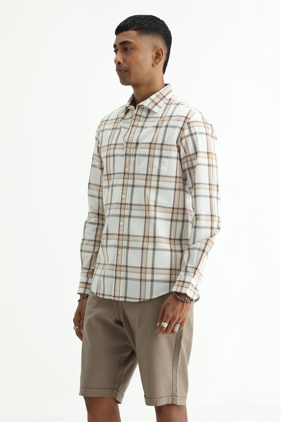 BASICS SLIM FIT WARM ECRU COTTON PLAIN CHECKS SHIRT
