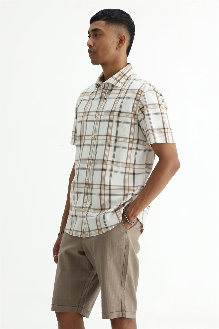 BASICS SLIM FIT WARM ECRU COTTON PLAIN CHECKS HALFSLEEVES SHIRT