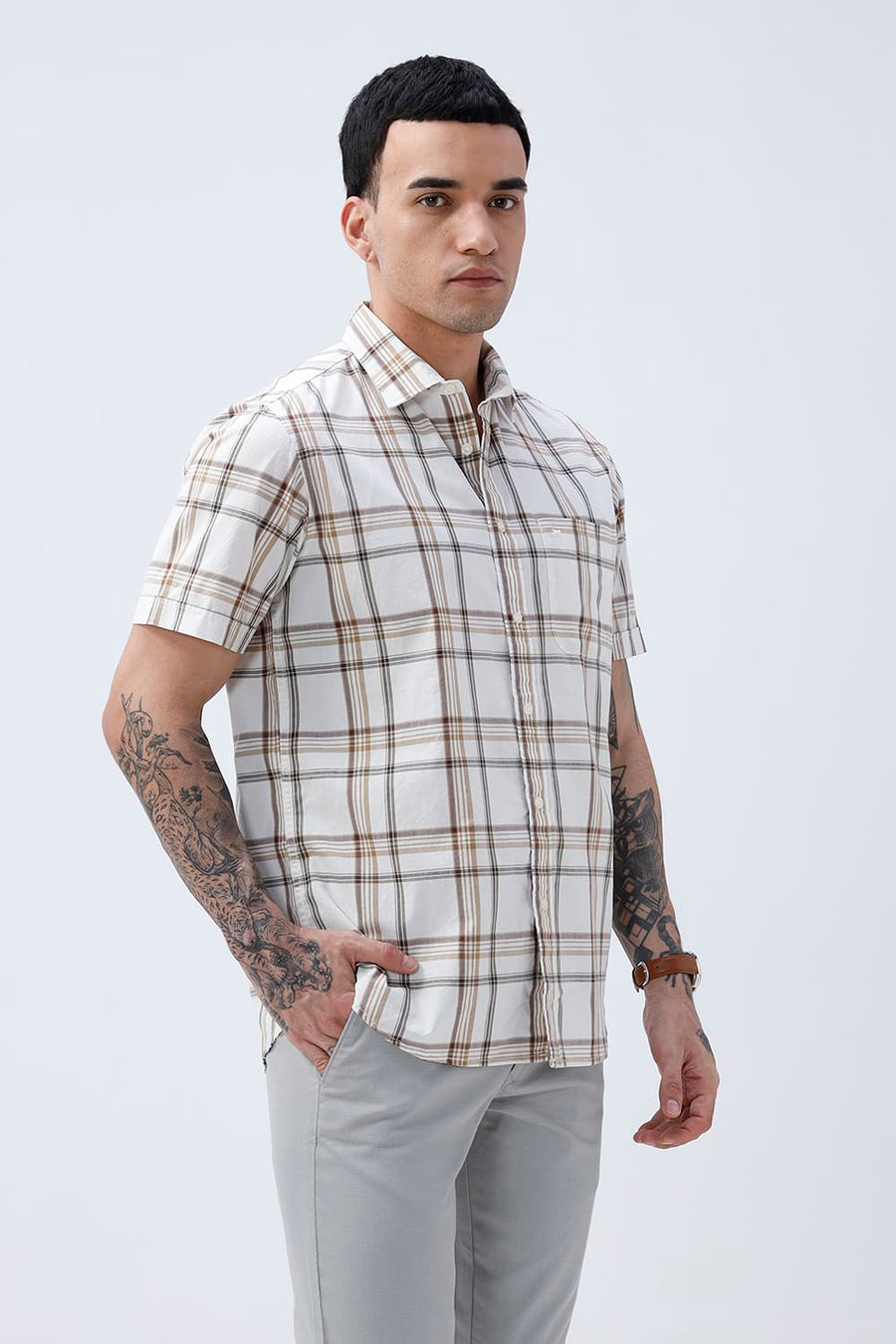 BASICS SLIM FIT WARM ECRU COTTON PLAIN CHECKS HALFSLEEVES SHIRT