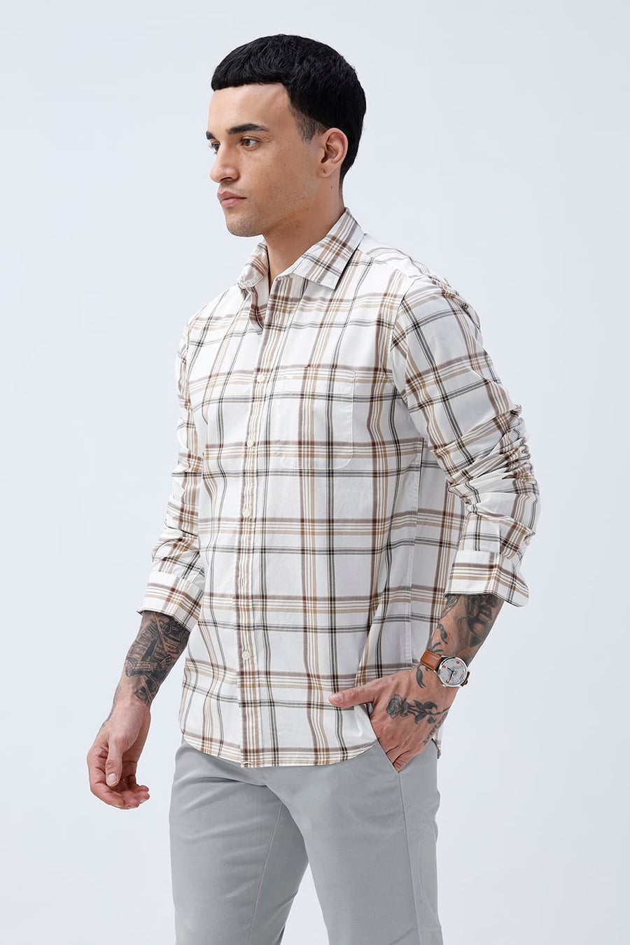 BASICS SLIM FIT WARM ECRU COTTON PLAIN CHECKS SHIRT