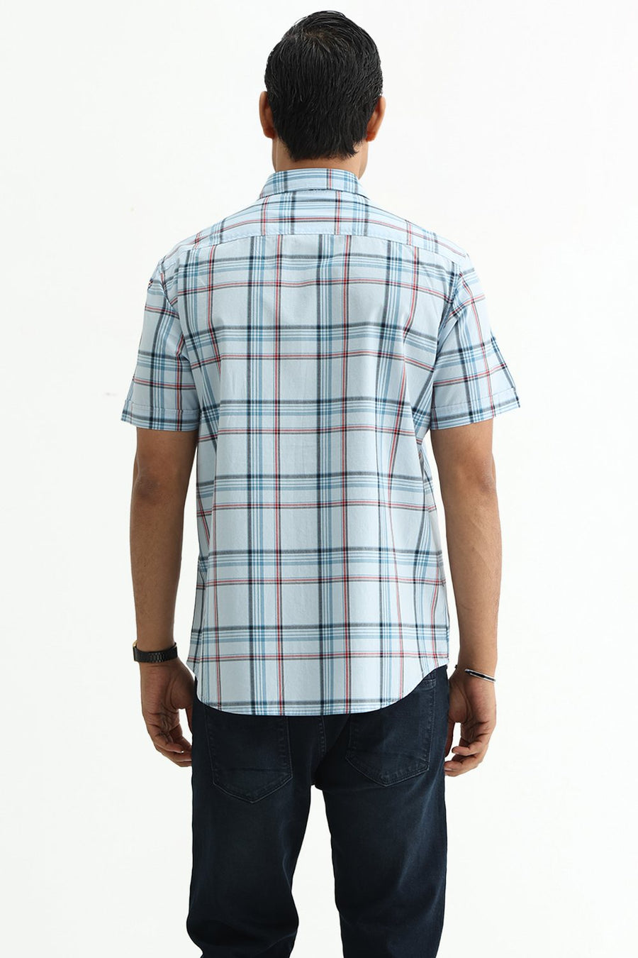 BASICS SLIM FIT WINTER BLUE COTTON PLAIN CHECKS HALFSLEEVES SHIRT
