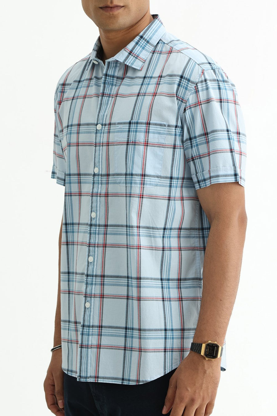 BASICS SLIM FIT WINTER BLUE COTTON PLAIN CHECKS HALFSLEEVES SHIRT