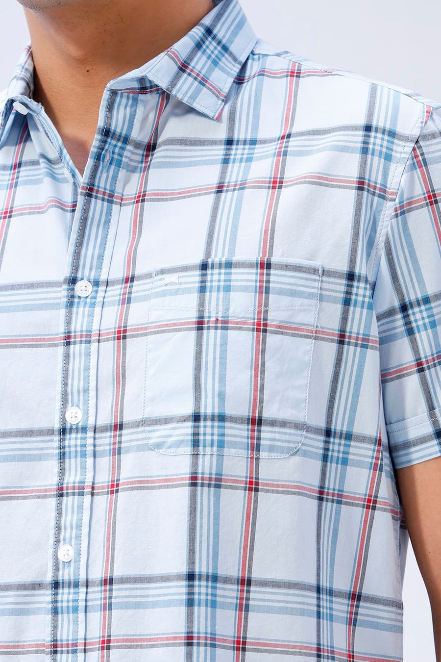 BASICS SLIM FIT WINTER BLUE COTTON PLAIN CHECKS HALFSLEEVES SHIRT