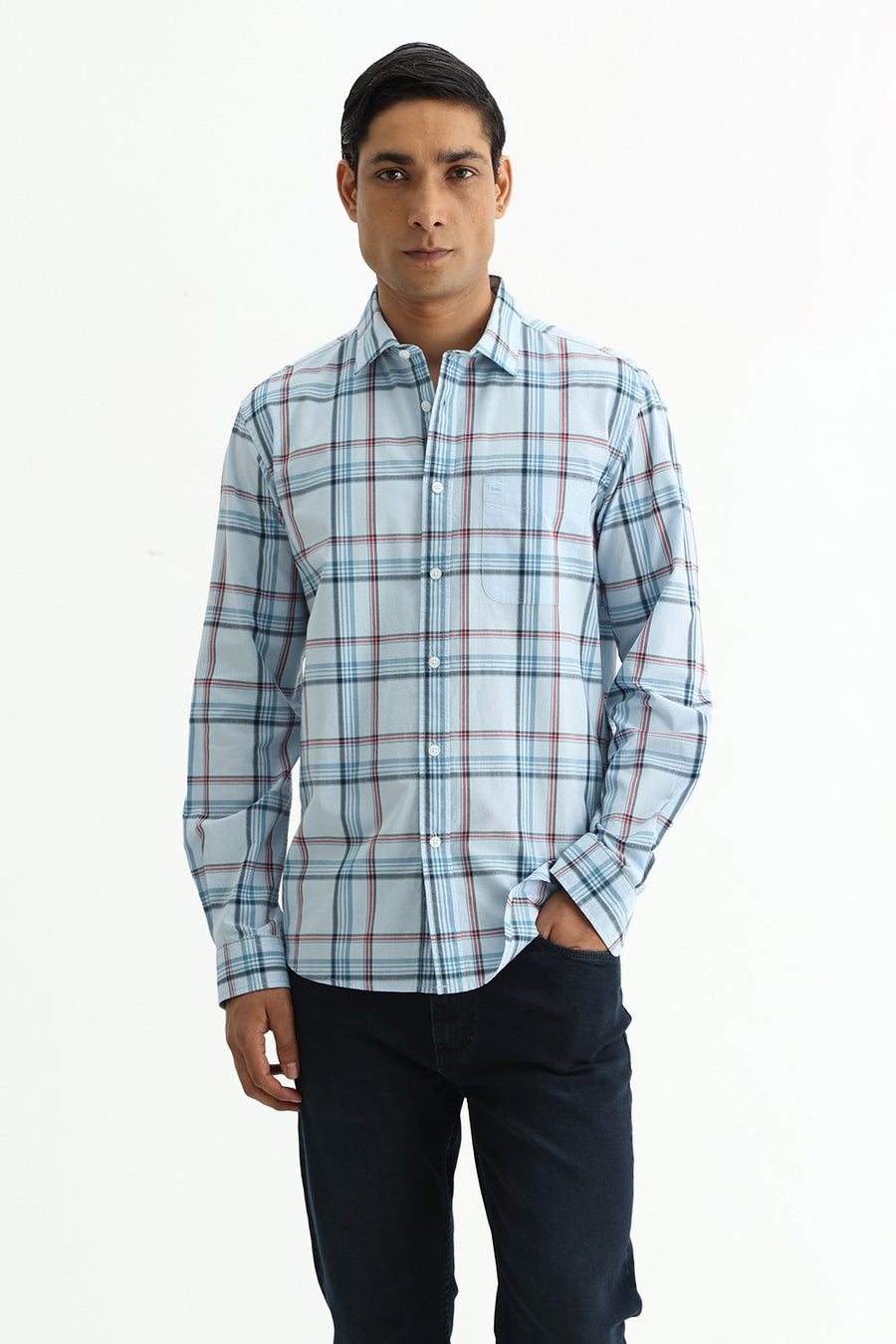 BASICS SLIM FIT WINTER BLUE COTTON PLAIN CHECKS SHIRT