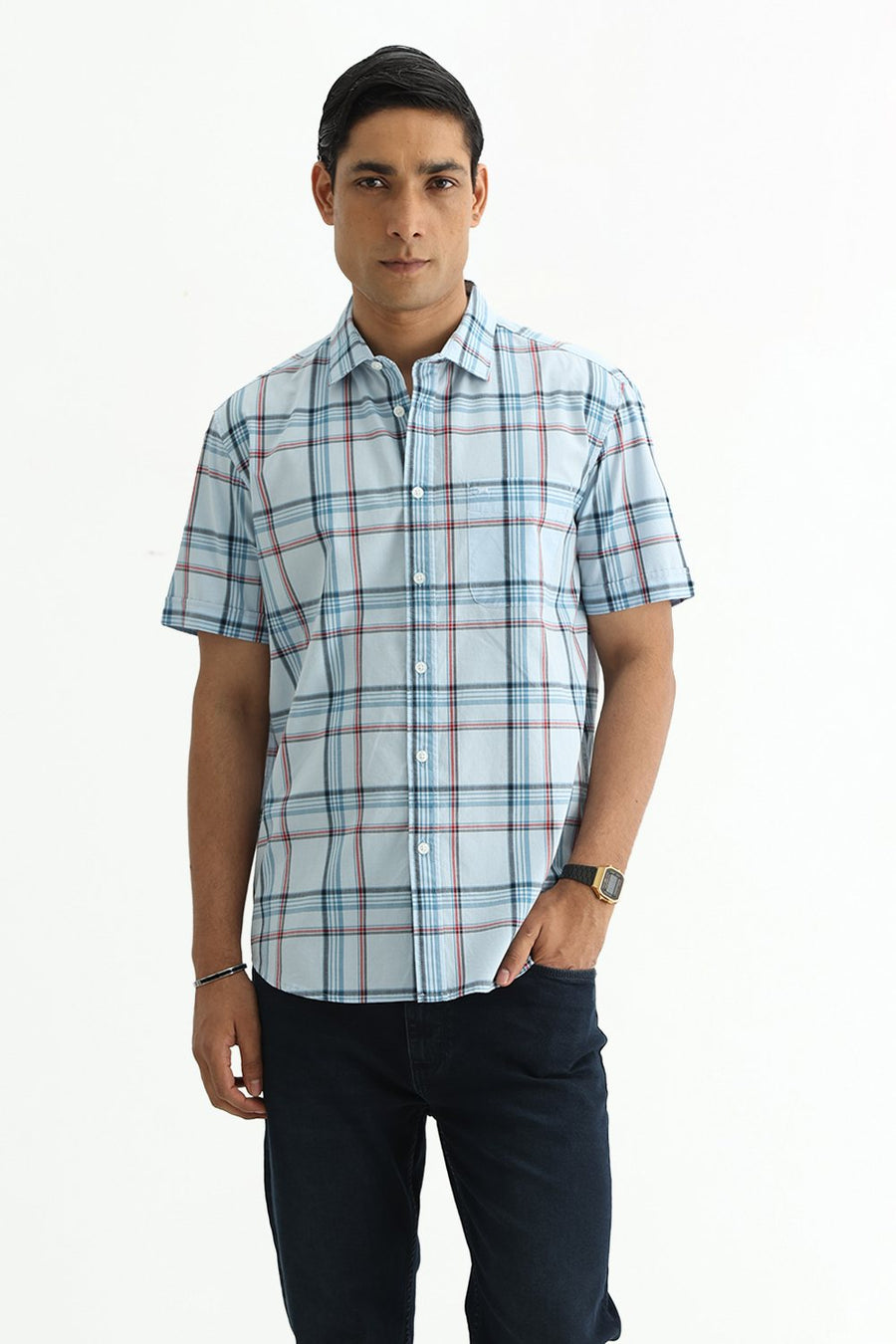 BASICS SLIM FIT WINTER BLUE COTTON PLAIN CHECKS HALFSLEEVES SHIRT