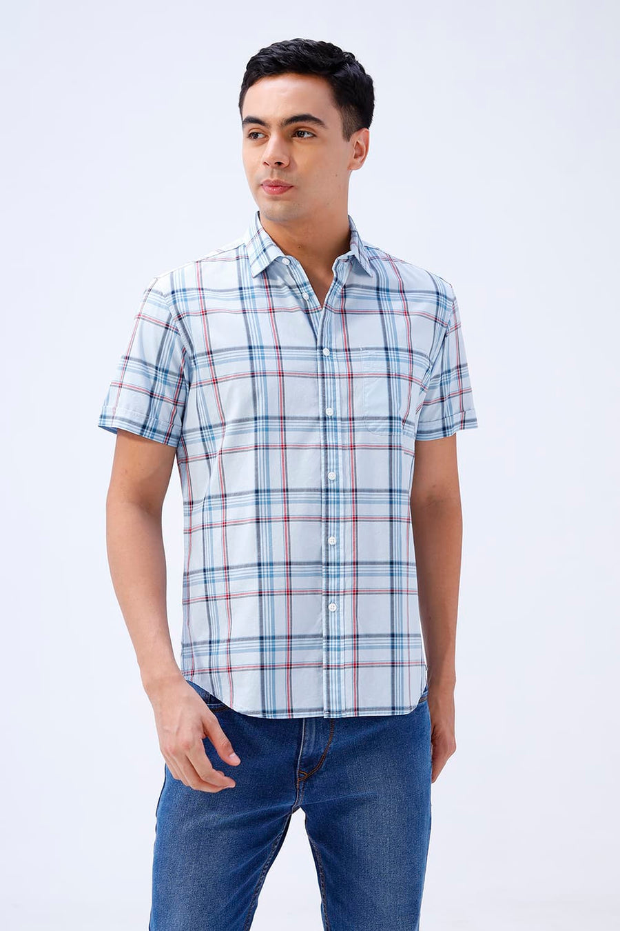 BASICS SLIM FIT WINTER BLUE COTTON PLAIN CHECKS HALFSLEEVES SHIRT