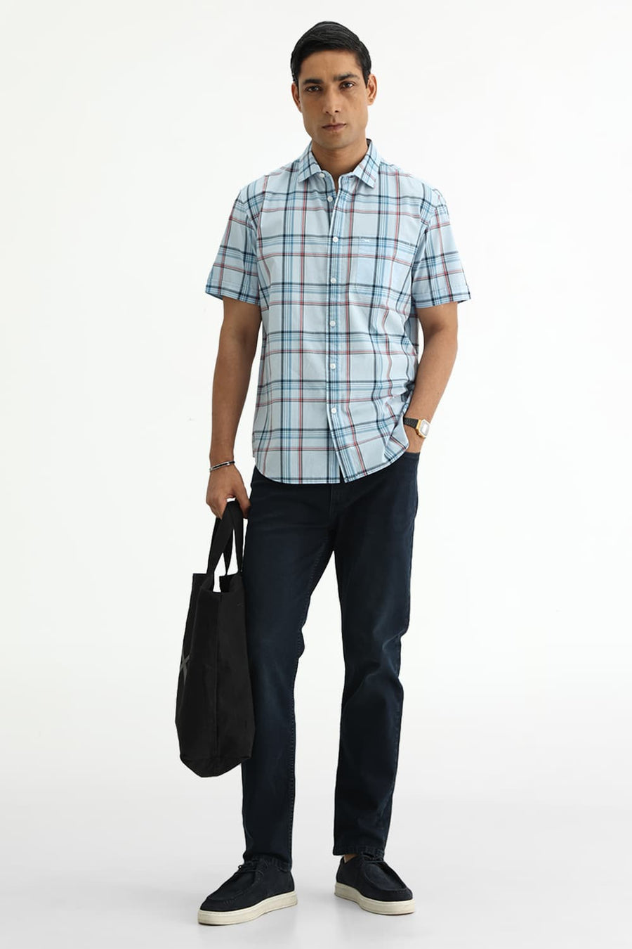BASICS SLIM FIT WINTER BLUE COTTON PLAIN CHECKS HALFSLEEVES SHIRT