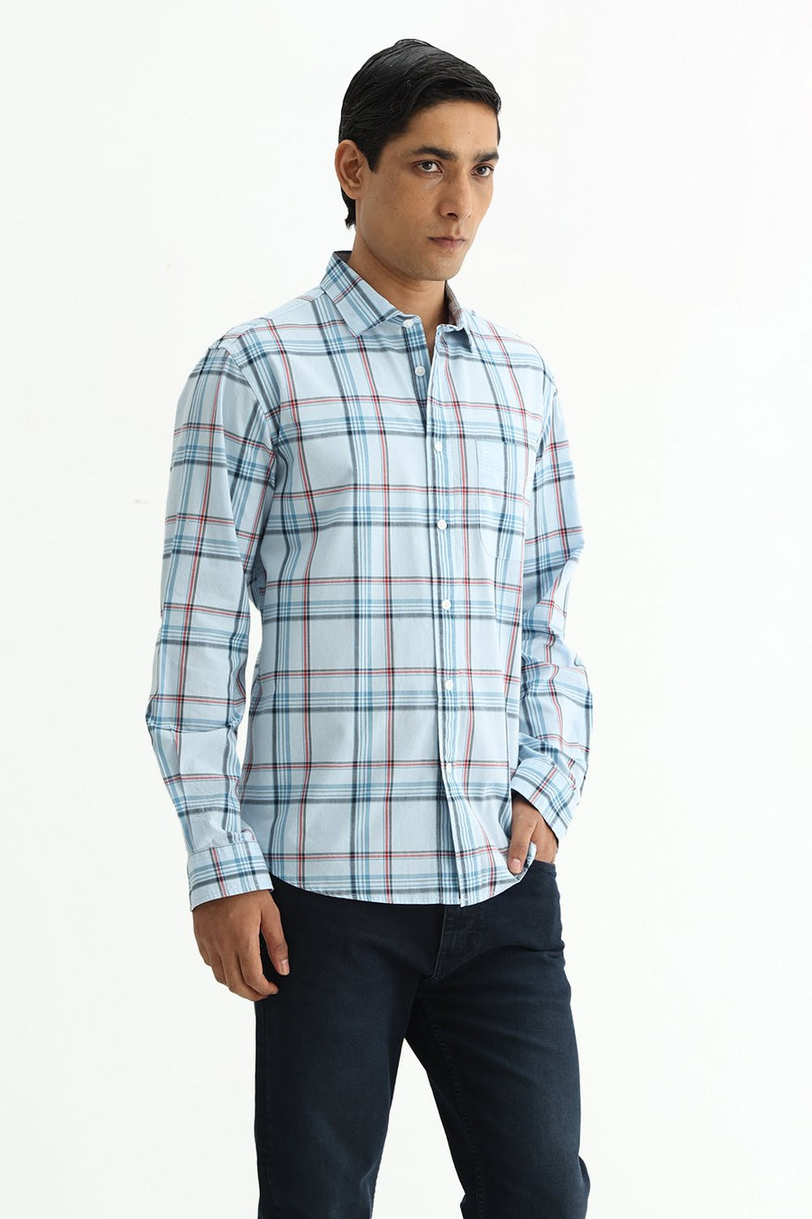 BASICS SLIM FIT WINTER BLUE COTTON PLAIN CHECKS SHIRT