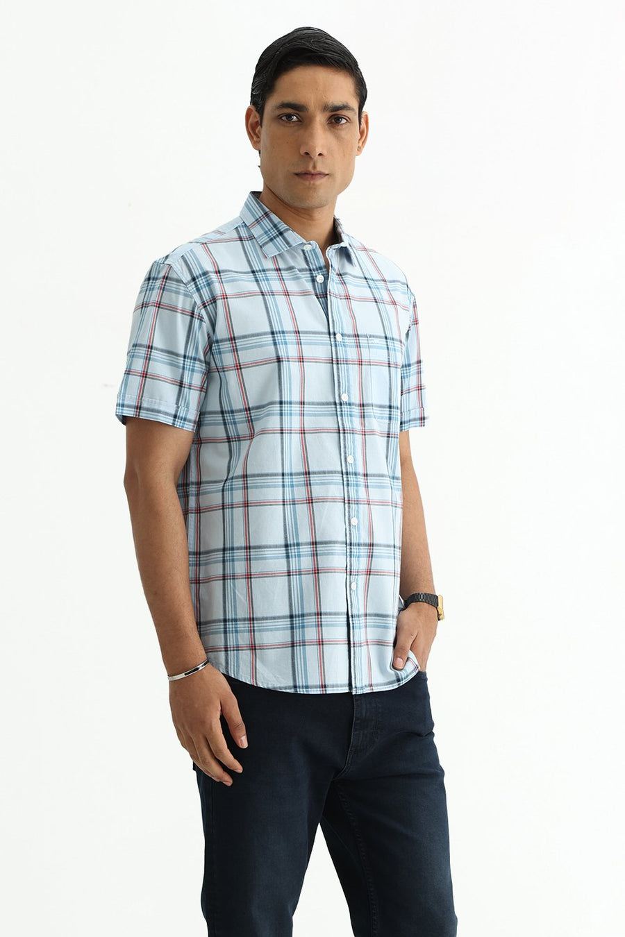 BASICS SLIM FIT WINTER BLUE COTTON PLAIN CHECKS HALFSLEEVES SHIRT