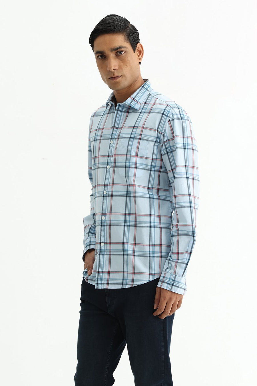 BASICS SLIM FIT WINTER BLUE COTTON PLAIN CHECKS SHIRT