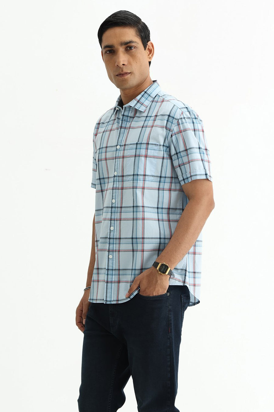BASICS SLIM FIT WINTER BLUE COTTON PLAIN CHECKS HALFSLEEVES SHIRT