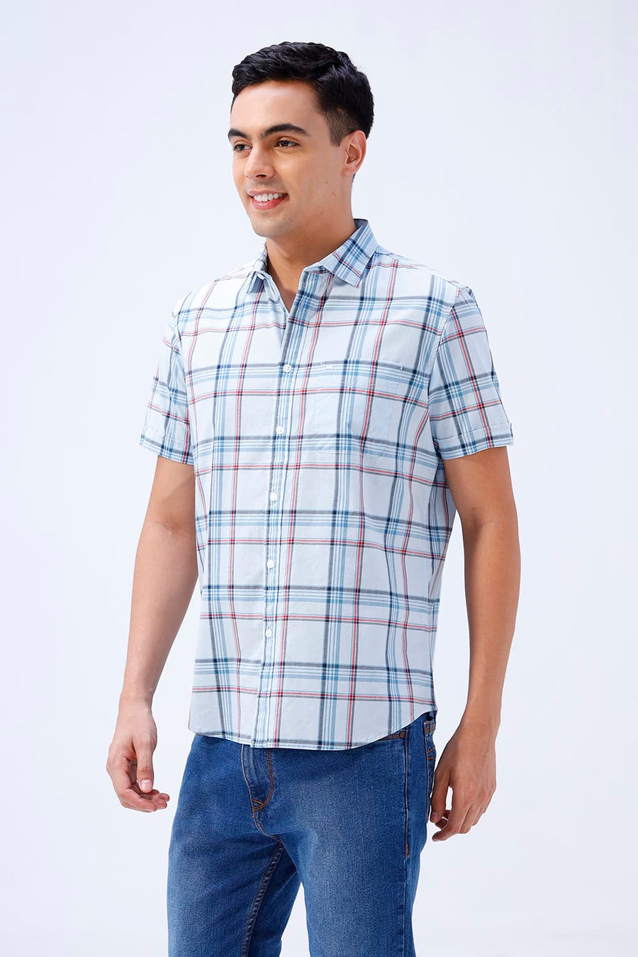 BASICS SLIM FIT WINTER BLUE COTTON PLAIN CHECKS HALFSLEEVES SHIRT