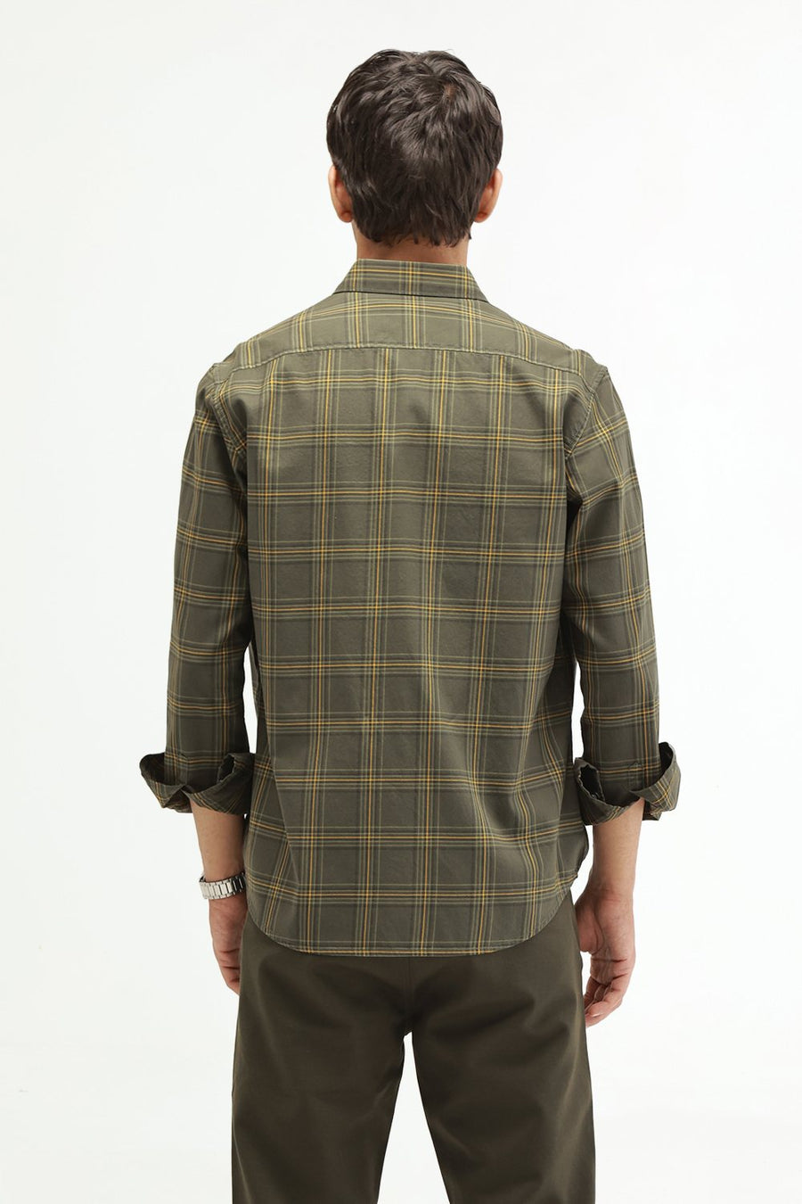 BASICS SLIM FIT RIFLE GREEN COTTON TWILL CHECKS SHIRT