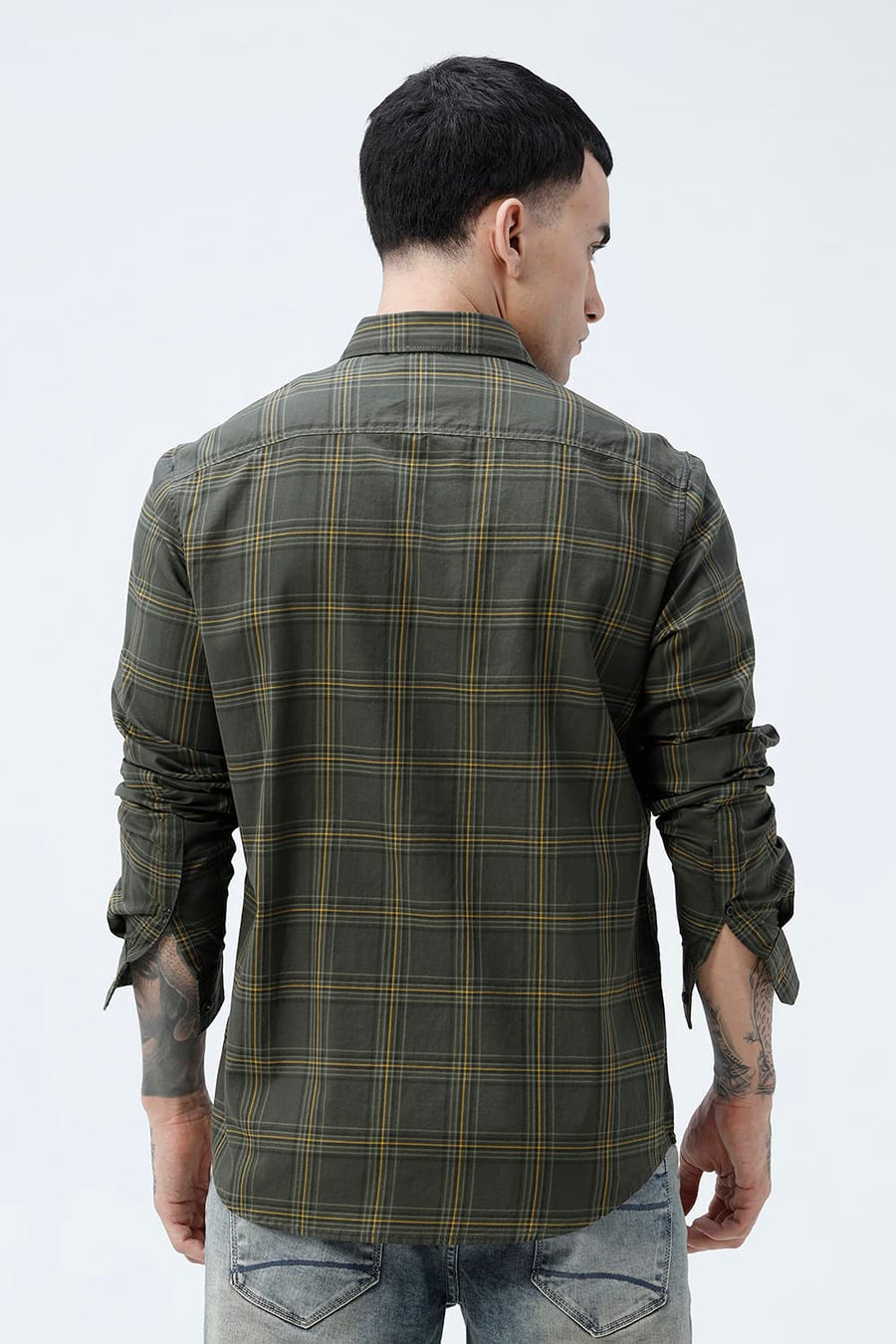 BASICS SLIM FIT RIFLE GREEN COTTON TWILL CHECKS SHIRT