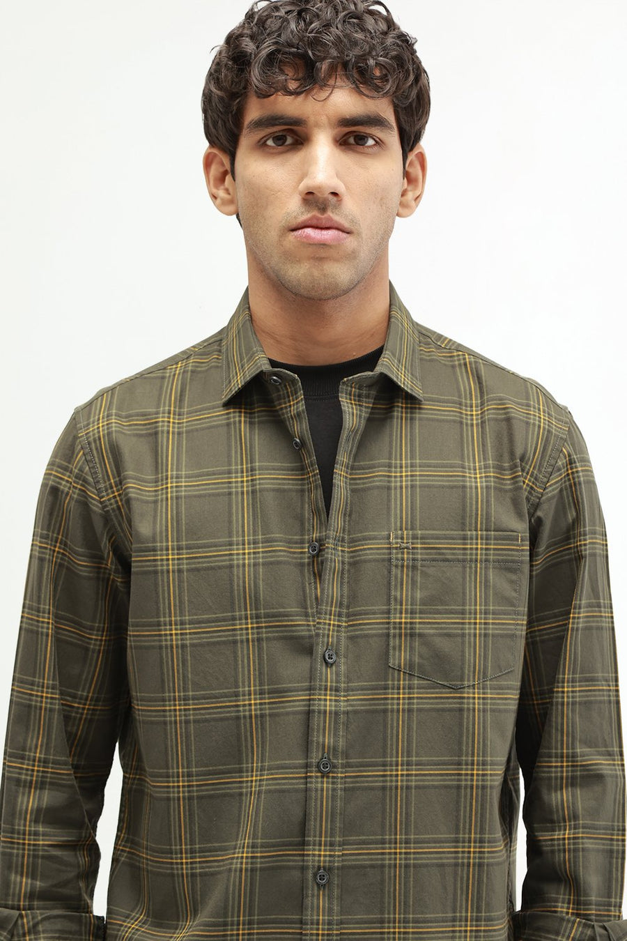 BASICS SLIM FIT RIFLE GREEN COTTON TWILL CHECKS SHIRT