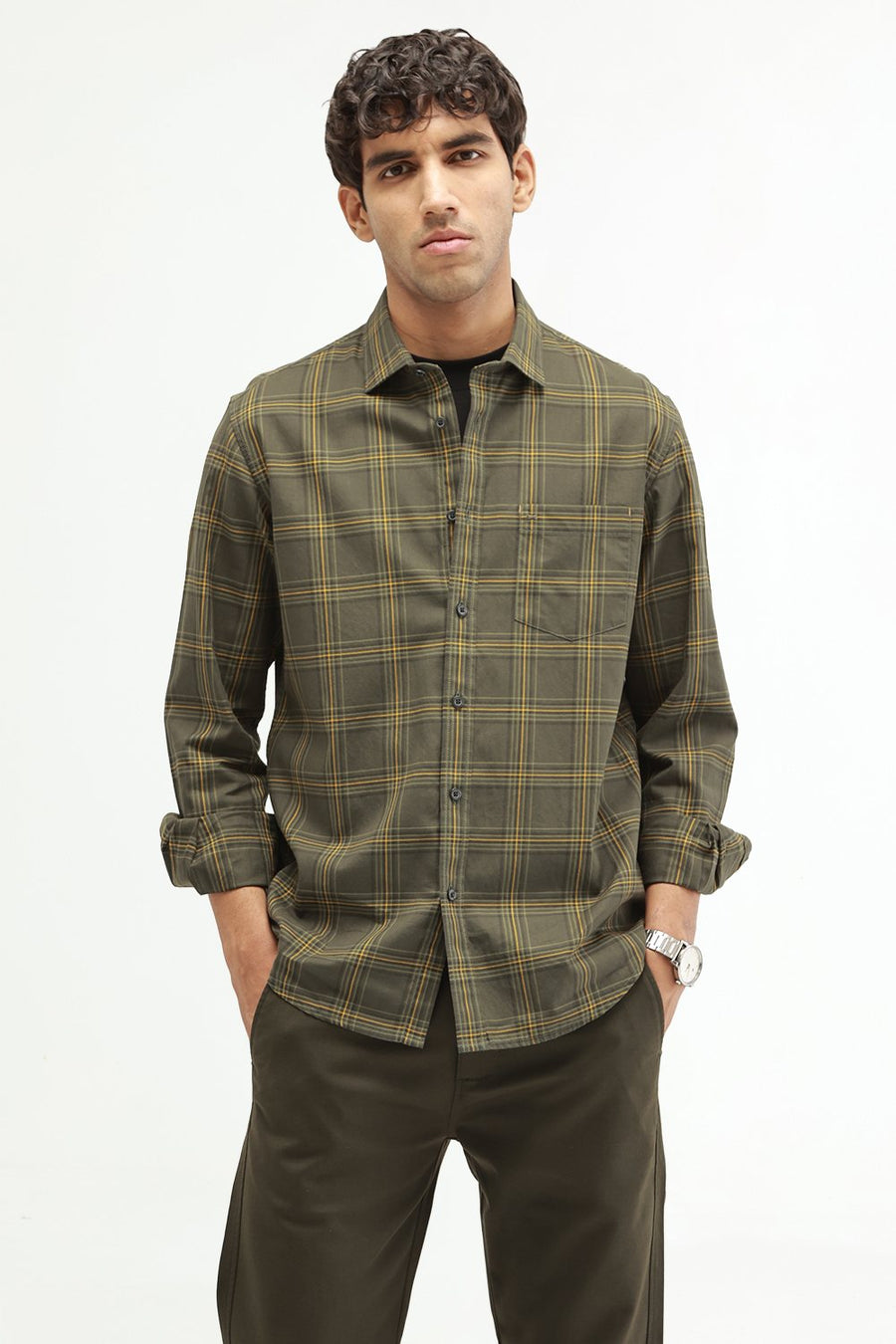 BASICS SLIM FIT RIFLE GREEN COTTON TWILL CHECKS SHIRT