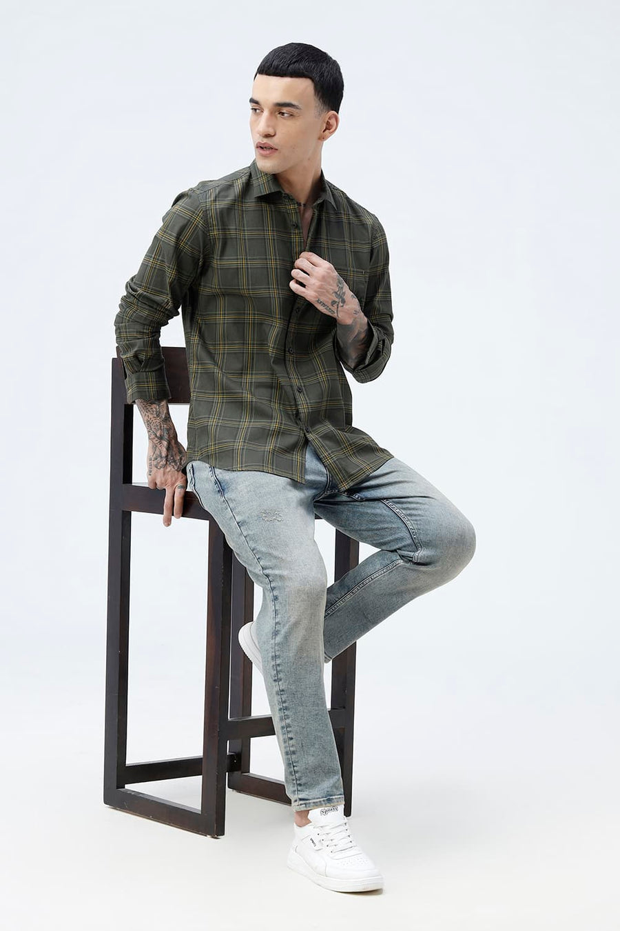 BASICS SLIM FIT RIFLE GREEN COTTON TWILL CHECKS SHIRT