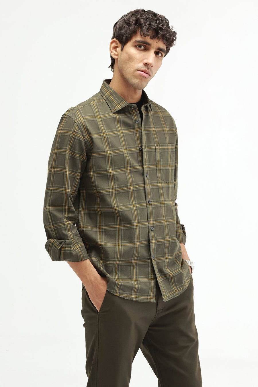 BASICS SLIM FIT RIFLE GREEN COTTON TWILL CHECKS SHIRT