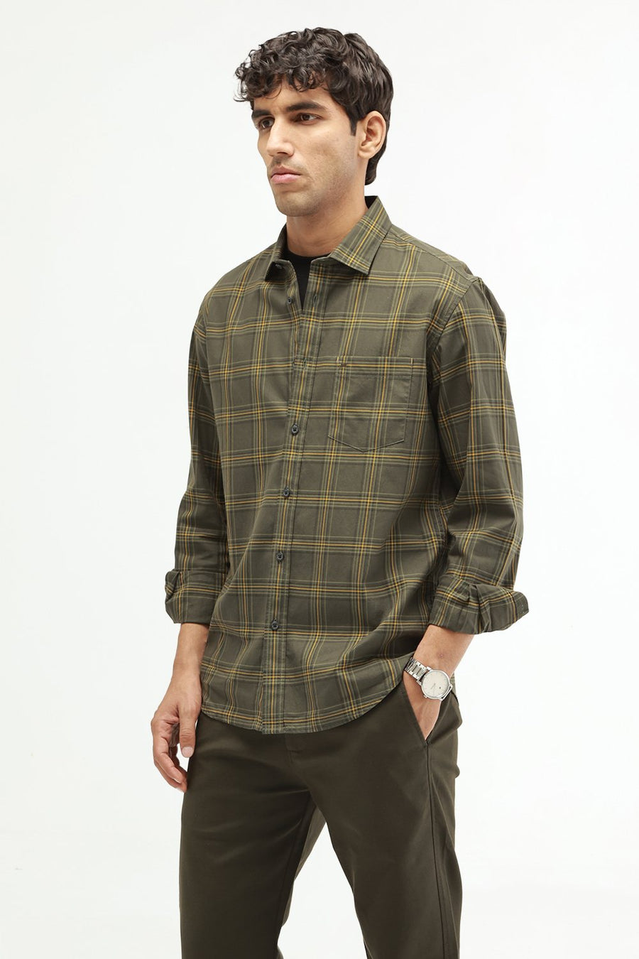 BASICS SLIM FIT RIFLE GREEN COTTON TWILL CHECKS SHIRT
