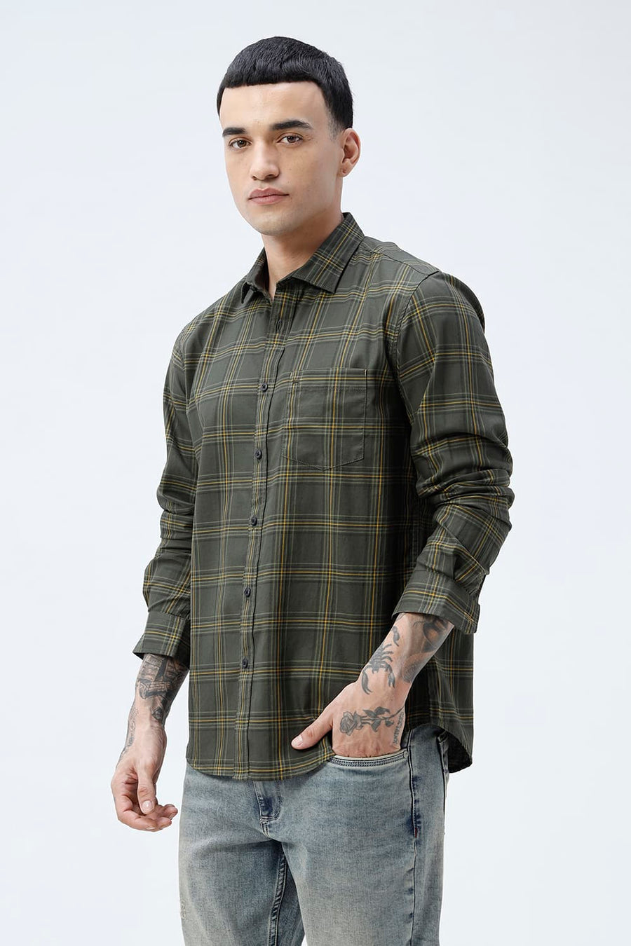 BASICS SLIM FIT RIFLE GREEN COTTON TWILL CHECKS SHIRT