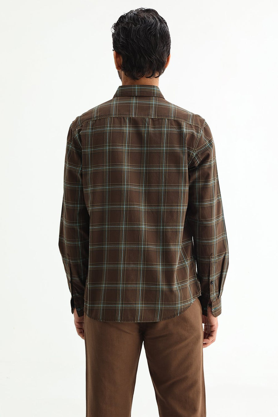 BASICS SLIM FIT OLIVE BROWN COTTON TWILL CHECKS SHIRT