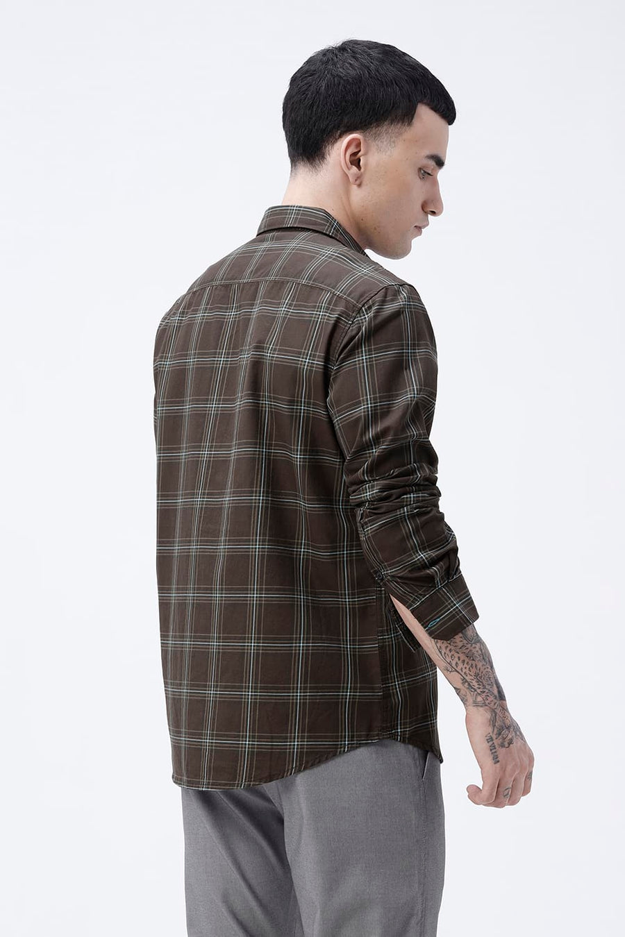 BASICS SLIM FIT OLIVE BROWN COTTON TWILL CHECKS SHIRT