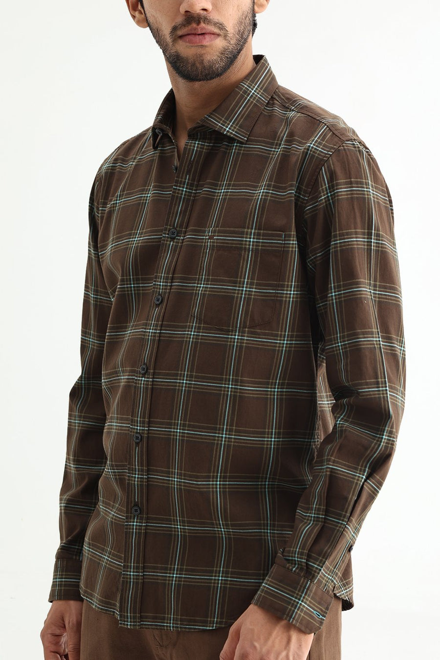 BASICS SLIM FIT OLIVE BROWN COTTON TWILL CHECKS SHIRT