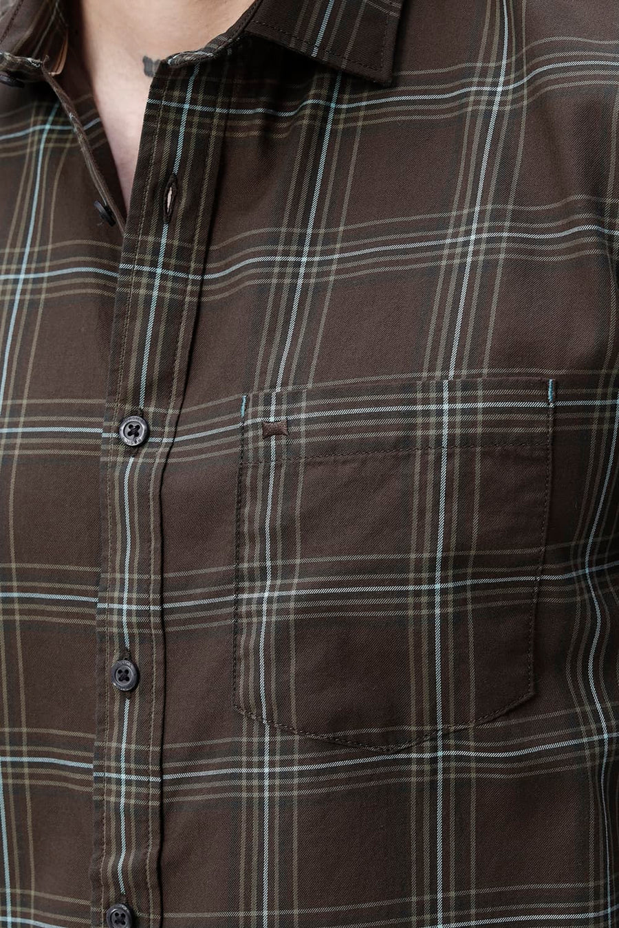 BASICS SLIM FIT OLIVE BROWN COTTON TWILL CHECKS SHIRT