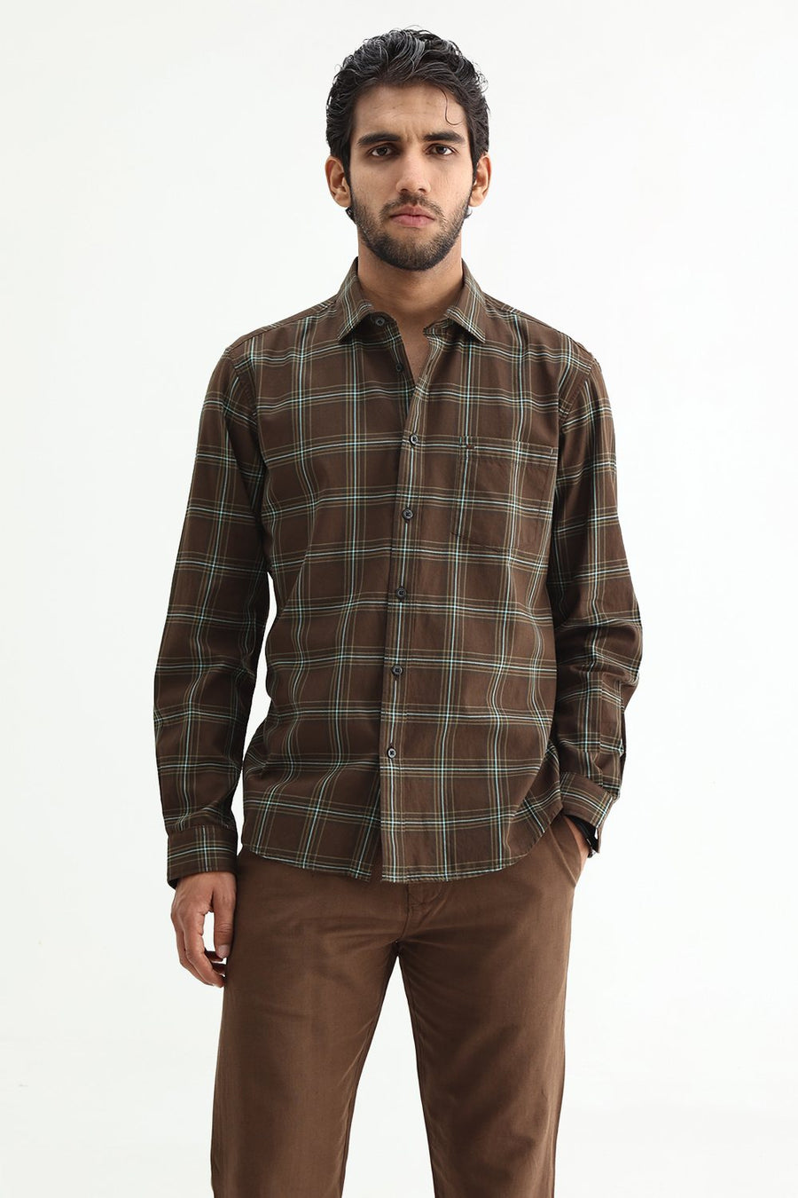 BASICS SLIM FIT OLIVE BROWN COTTON TWILL CHECKS SHIRT