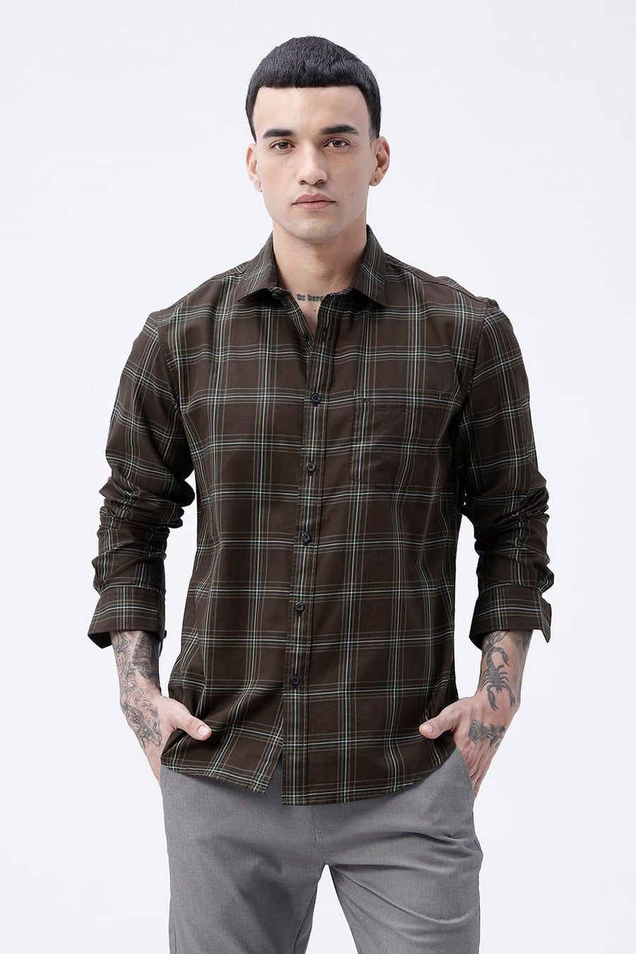BASICS SLIM FIT OLIVE BROWN COTTON TWILL CHECKS SHIRT