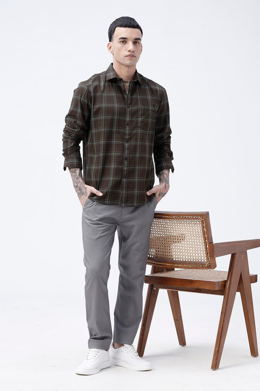 BASICS SLIM FIT OLIVE BROWN COTTON TWILL CHECKS SHIRT