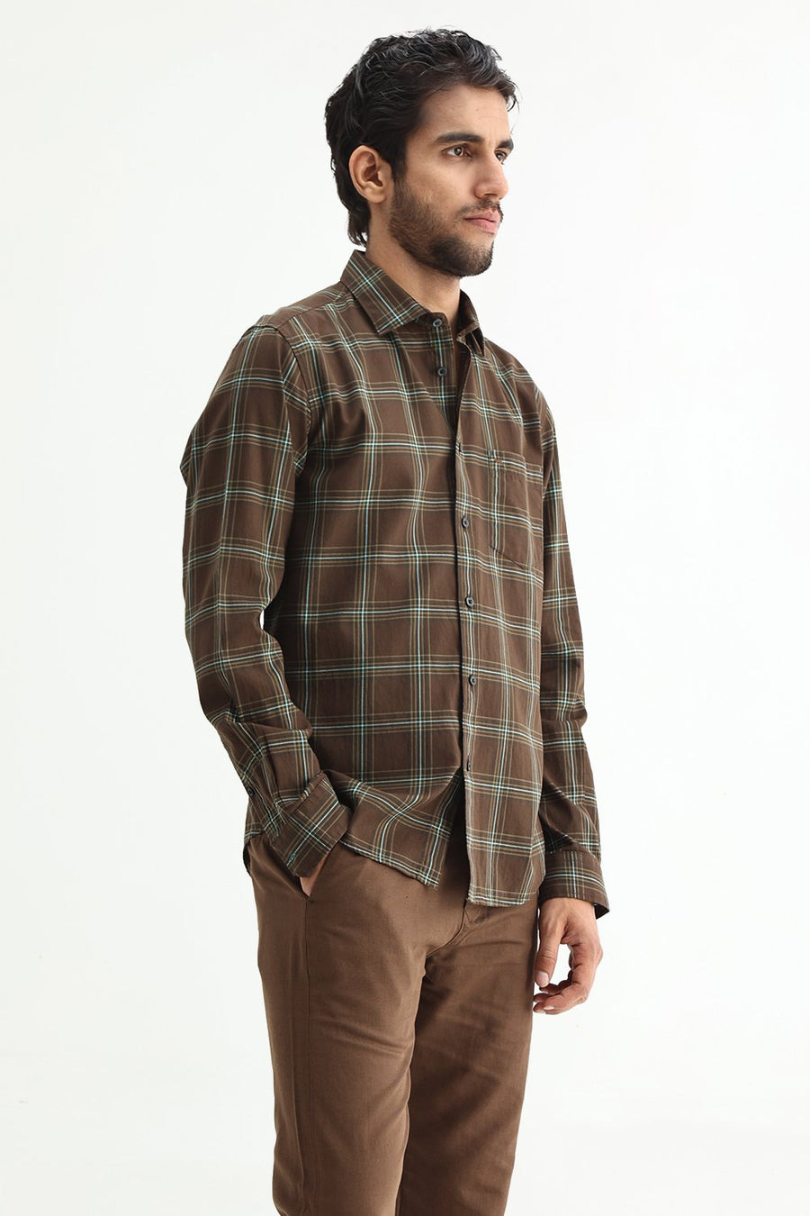 BASICS SLIM FIT OLIVE BROWN COTTON TWILL CHECKS SHIRT