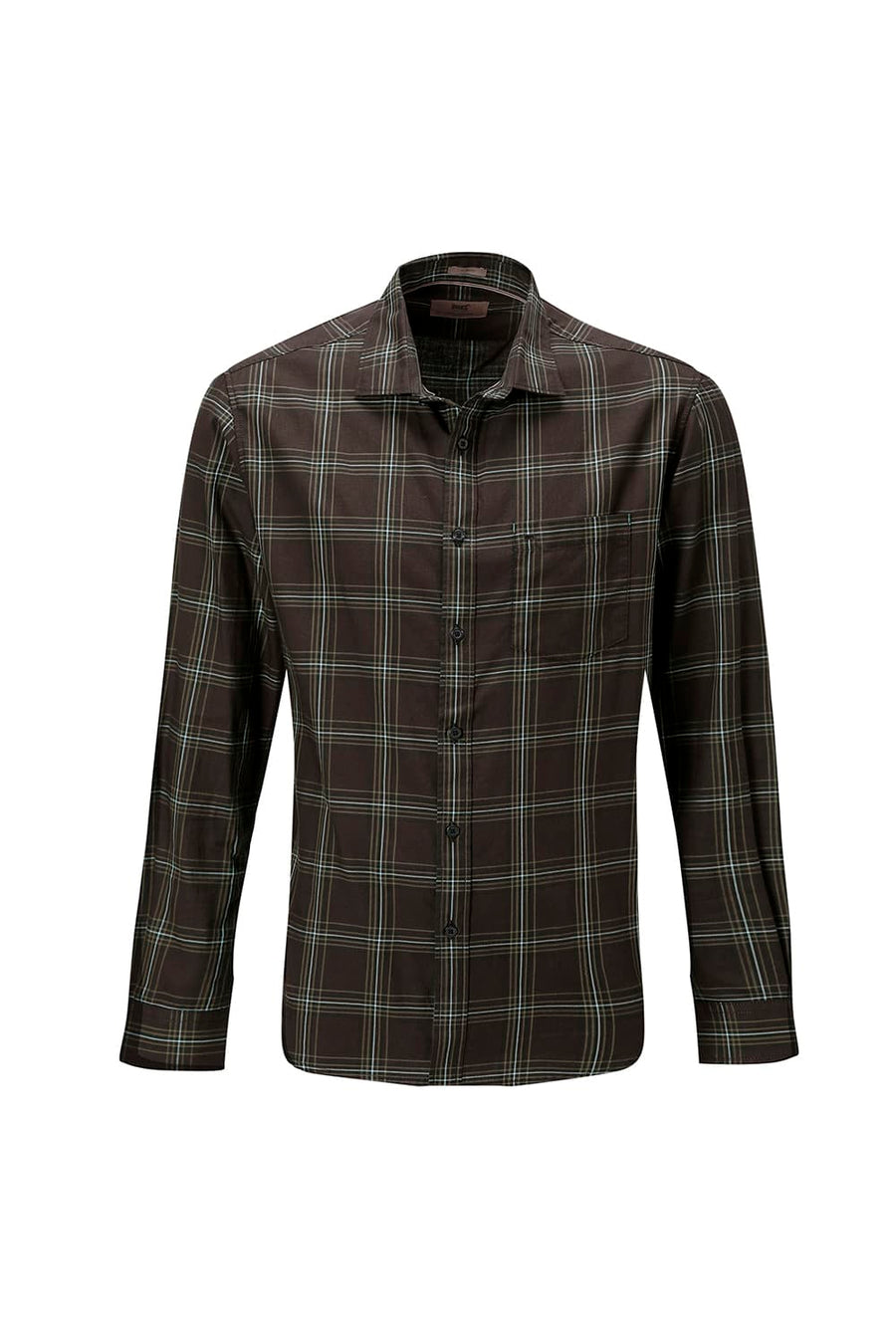 BASICS SLIM FIT OLIVE BROWN COTTON TWILL CHECKS SHIRT