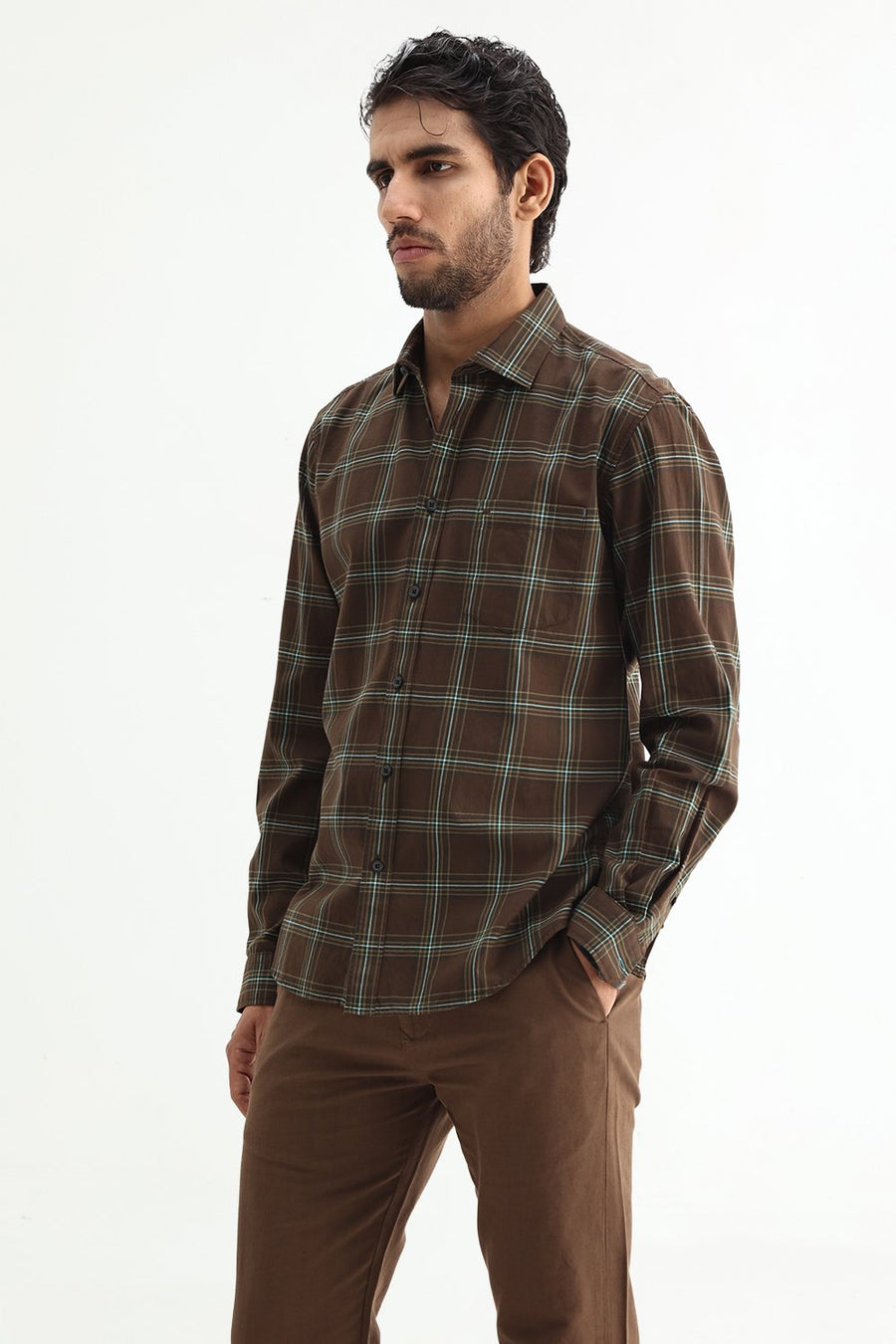 BASICS SLIM FIT OLIVE BROWN COTTON TWILL CHECKS SHIRT