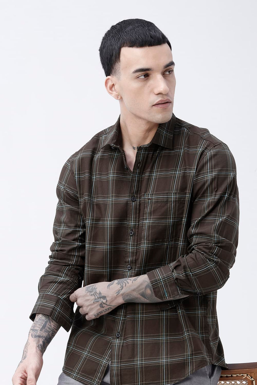 BASICS SLIM FIT OLIVE BROWN COTTON TWILL CHECKS SHIRT