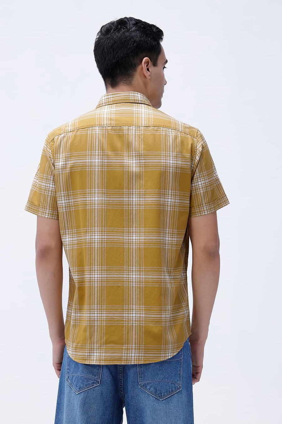 BASICS SLIM FIT MUSTARD MOSS COTTON TWILL CHECKS HALFSLEEVES SHIRT