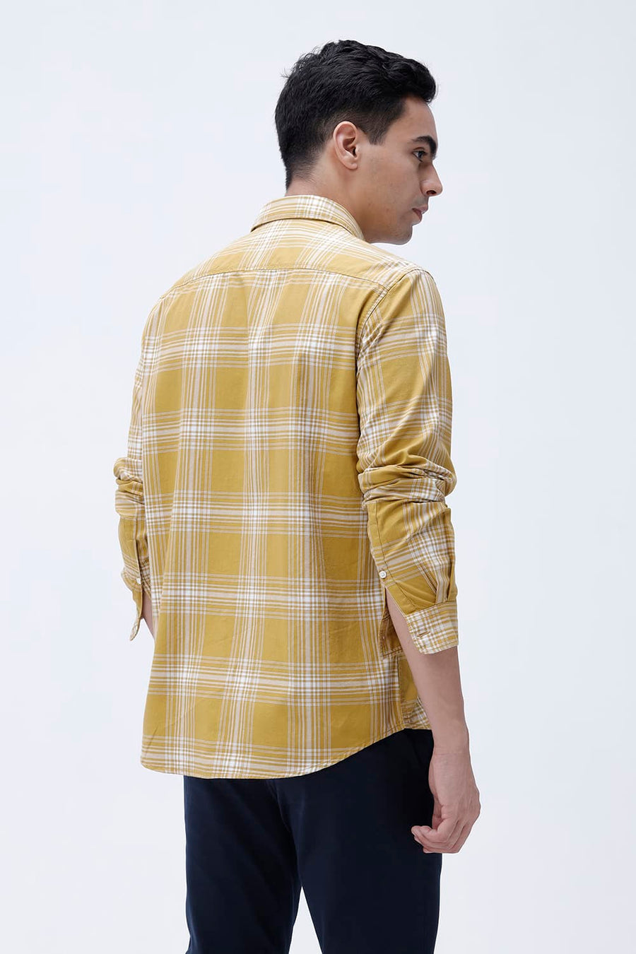 BASICS SLIM FIT MUSTARD MOSS COTTON TWILL CHECKS SHIRT