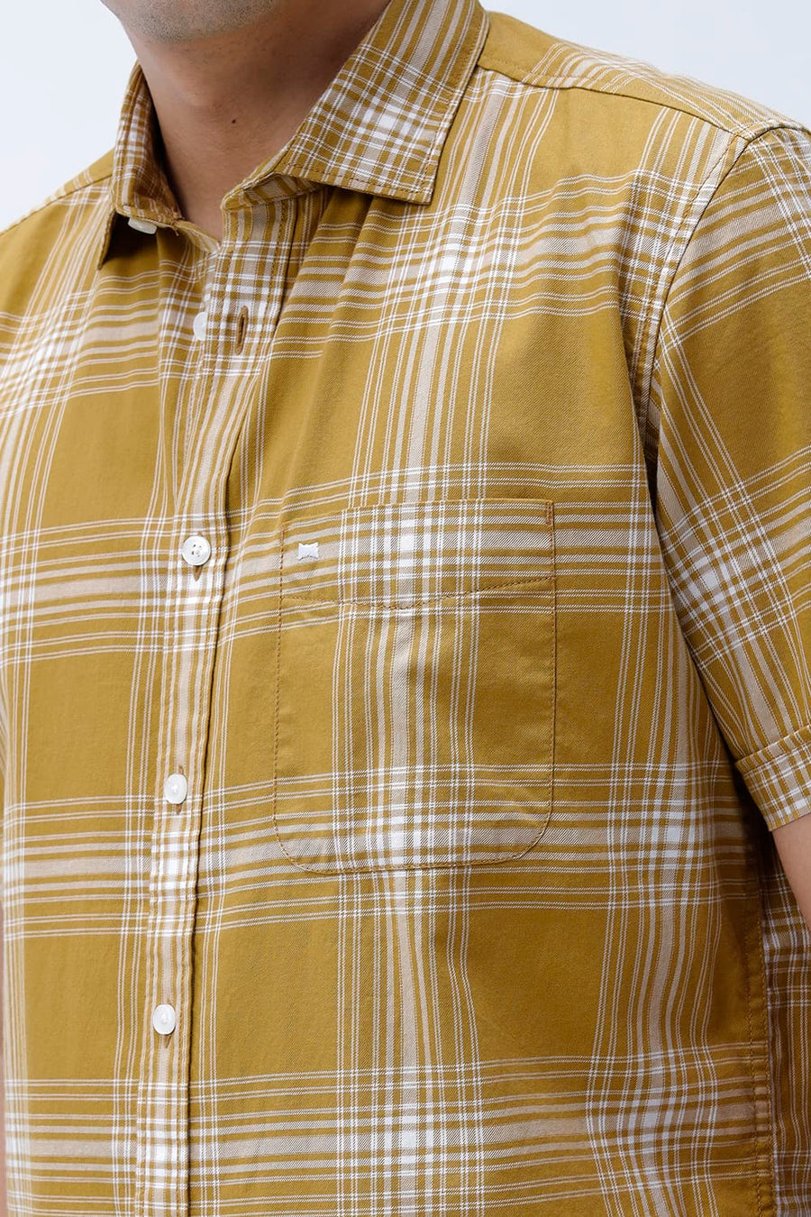 BASICS SLIM FIT MUSTARD MOSS COTTON TWILL CHECKS HALFSLEEVES SHIRT