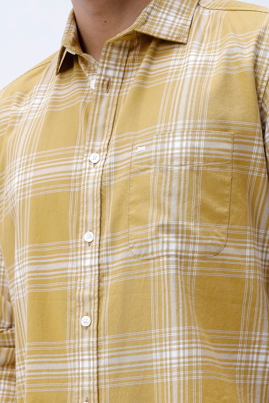 BASICS SLIM FIT MUSTARD MOSS COTTON TWILL CHECKS SHIRT