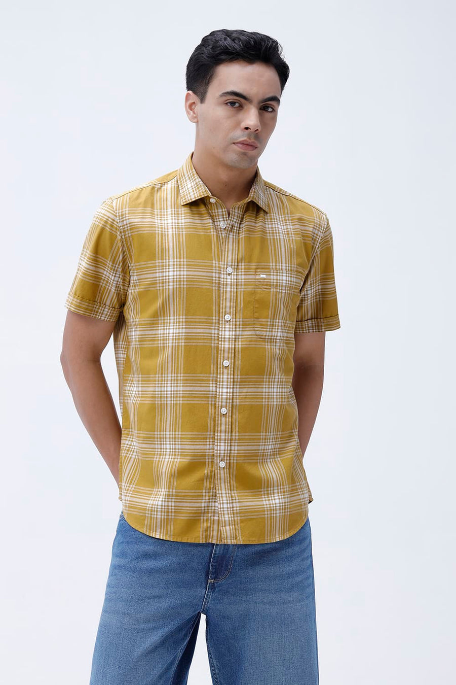 BASICS SLIM FIT MUSTARD MOSS COTTON TWILL CHECKS HALFSLEEVES SHIRT