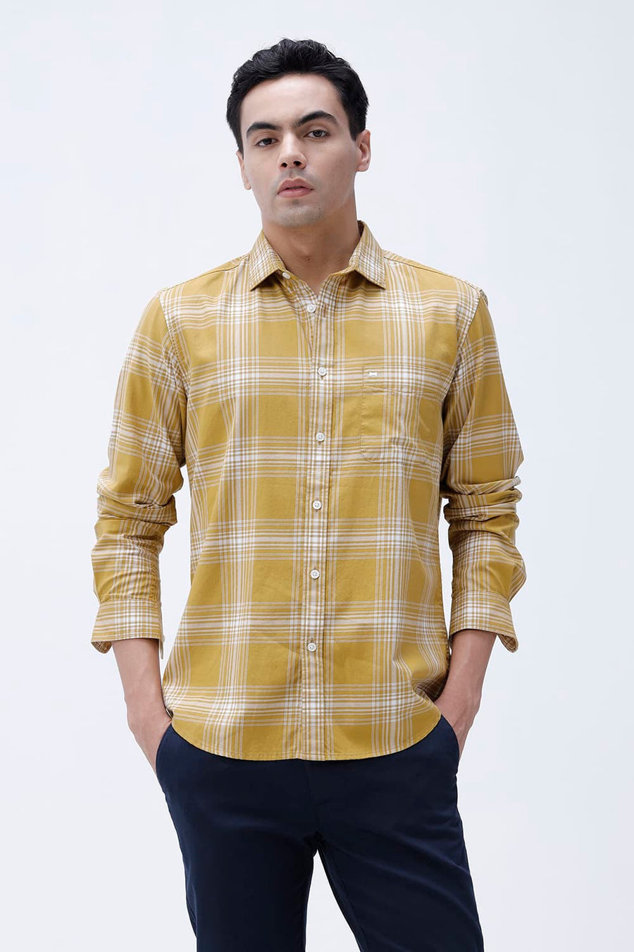 BASICS SLIM FIT MUSTARD MOSS COTTON TWILL CHECKS SHIRT