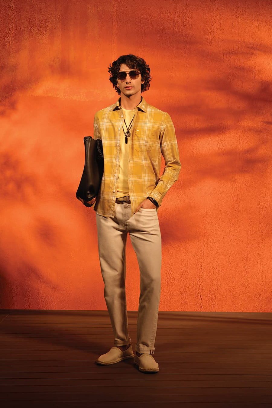 Basics Slim Fit Mustard Moss Cotton Twill Checks Halfsleeves Shirt