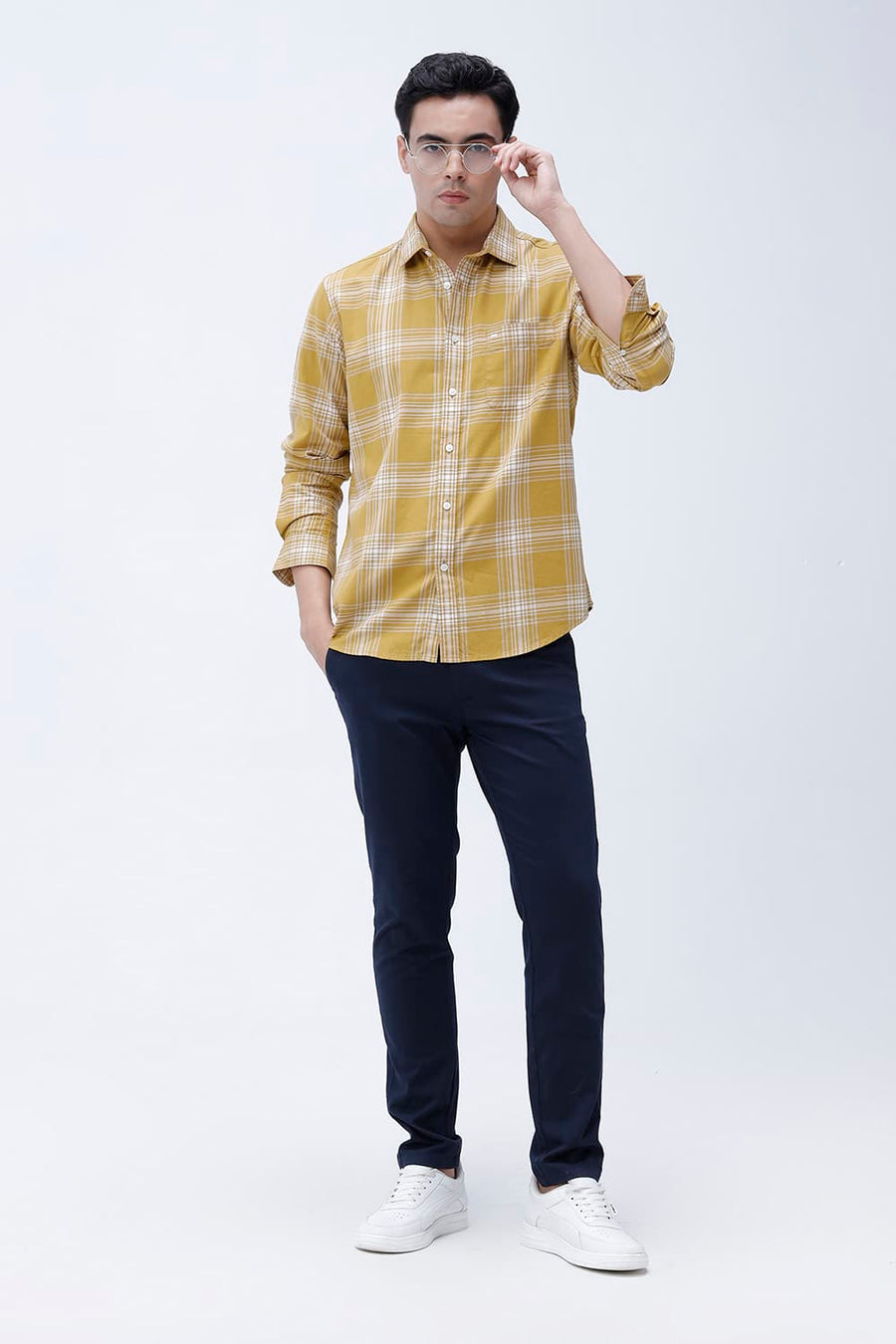 BASICS SLIM FIT MUSTARD MOSS COTTON TWILL CHECKS SHIRT