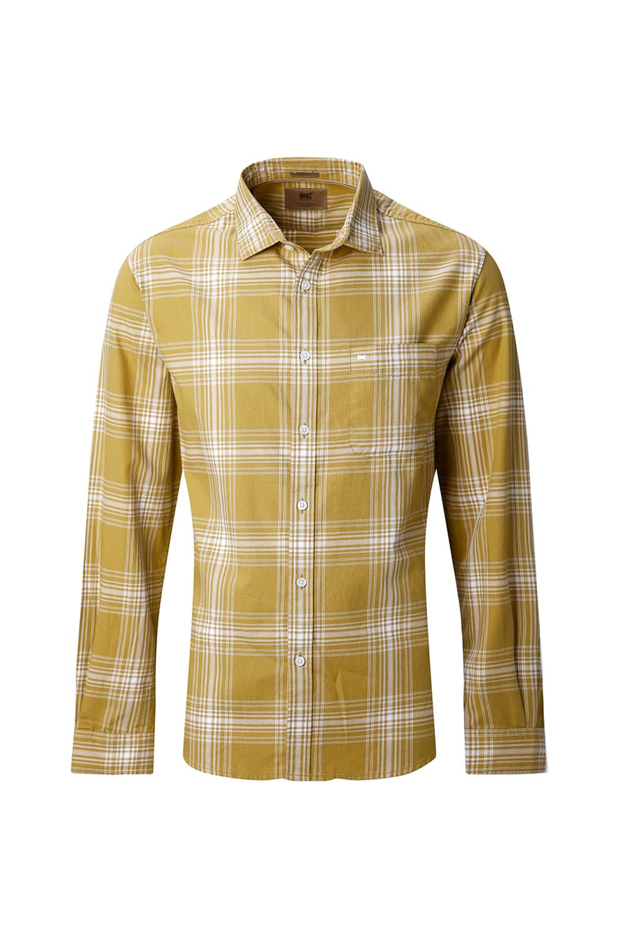 BASICS SLIM FIT MUSTARD MOSS COTTON TWILL CHECKS SHIRT