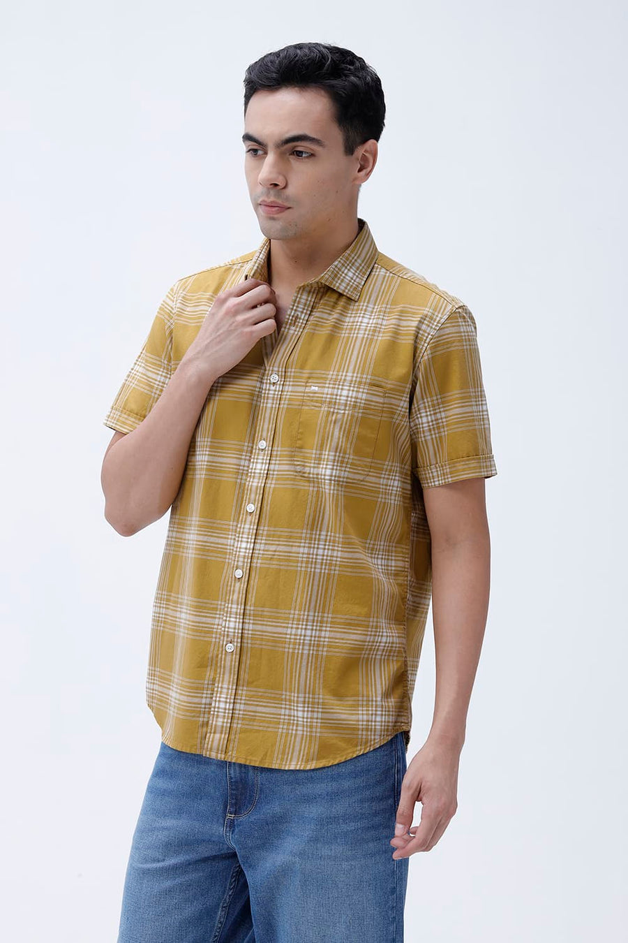 BASICS SLIM FIT MUSTARD MOSS COTTON TWILL CHECKS HALFSLEEVES SHIRT