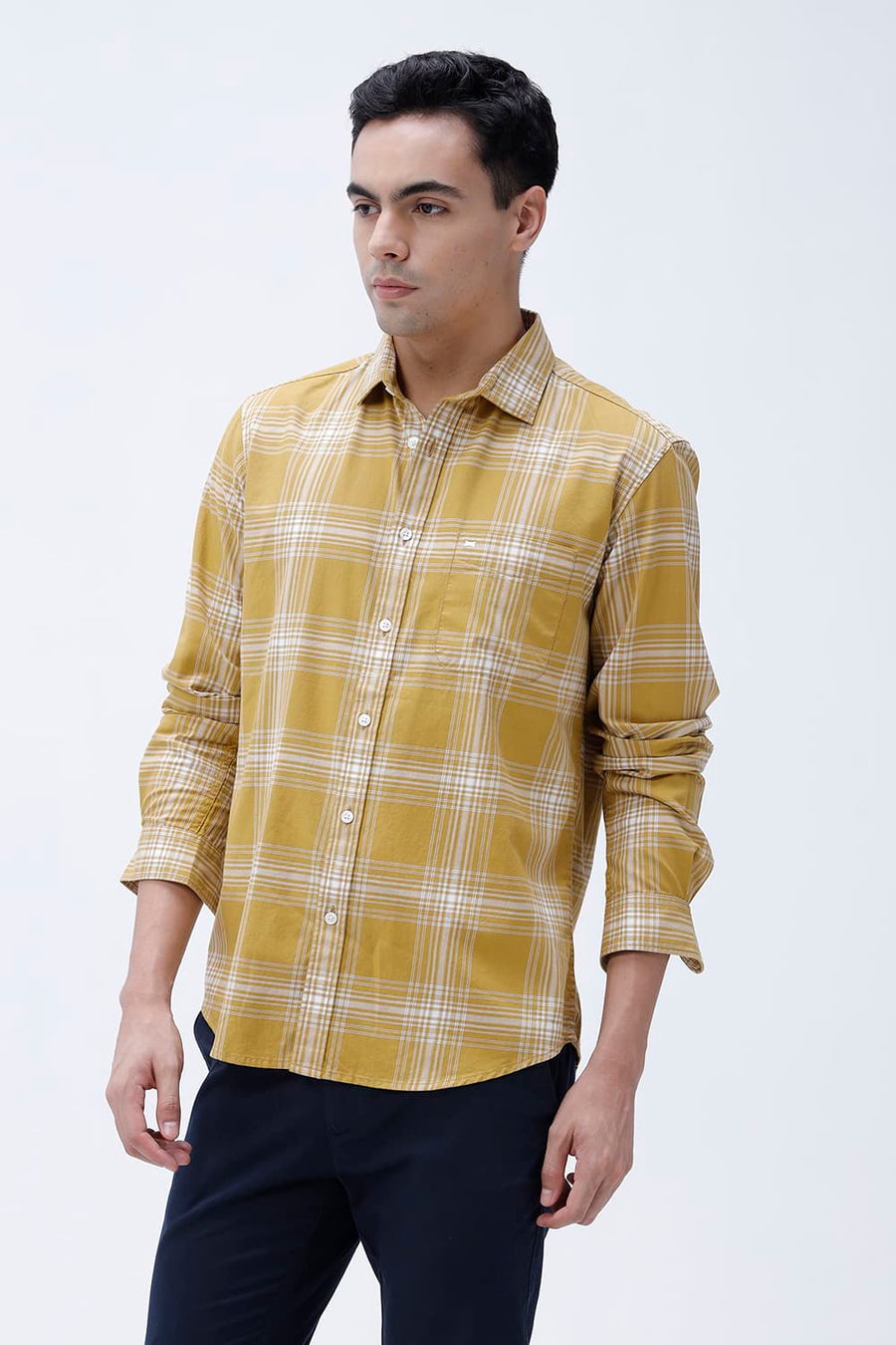 BASICS SLIM FIT MUSTARD MOSS COTTON TWILL CHECKS SHIRT