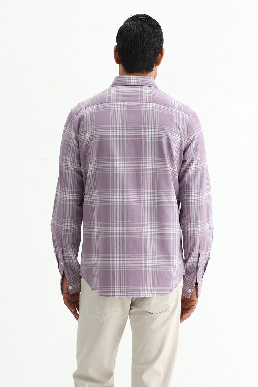 BASICS SLIM FIT LILAC IRIS COTTON TWILL CHECKS SHIRT