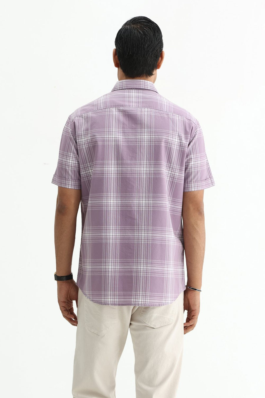 BASICS SLIM FIT LILAC IRIS COTTON TWILL CHECKS HALFSLEEVES SHIRT